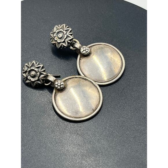 Vintage Sterling Silver Aztec Floral Heavy Double Drop Dangle Earrings 16 grams - Picture 8 of 10